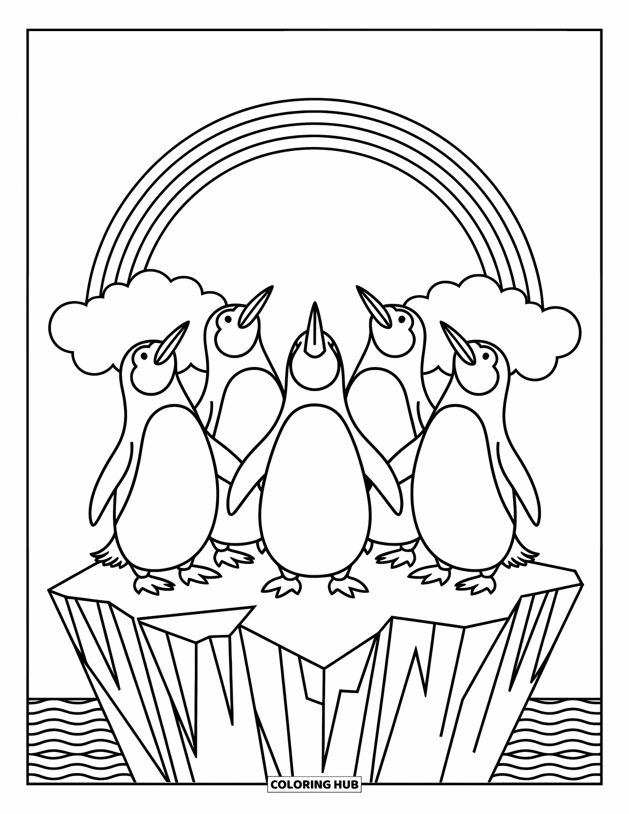 Regenboog Kleurplaat voor Kinderen: Vijf nieuwsgierige pinguïns kruipen ineen op een ijzige richel en kijken op naar een gloeiende regenboog erboven