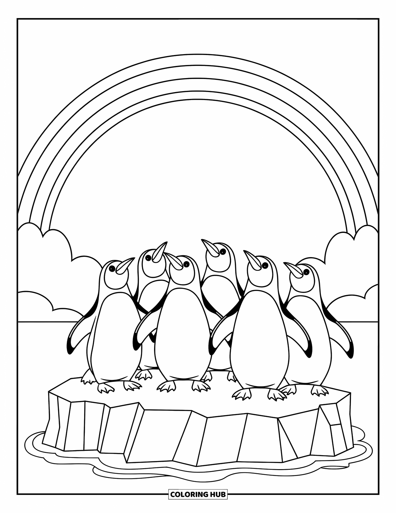 Regenboog Kleurplaat voor Kinderen: Vijf nieuwsgierige pinguïns staan op een ijzige richel en kijken naar een regenboog die erboven schijnt