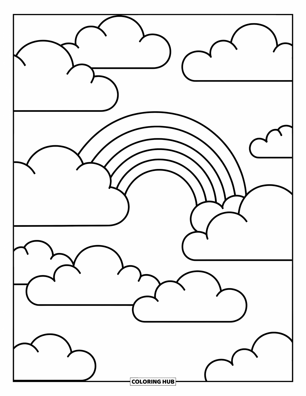 Regenboog Kleurplaat voor Kinderen: Zachte wolken drijven over de lucht, met een delicate regenboog die ertussen buigt
