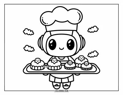 Dibujo de robots para colorear para adultos: Un robot panadero alegre sostiene una bandeja de pasteles con nubes de harina en espiral