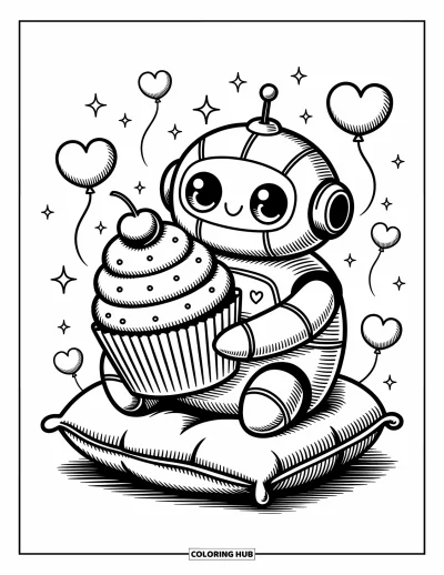 Dibujo de robots para colorear para adultos: Un robot alegre sostiene un cupcake con globos de corazón y estrellas centelleantes cerca