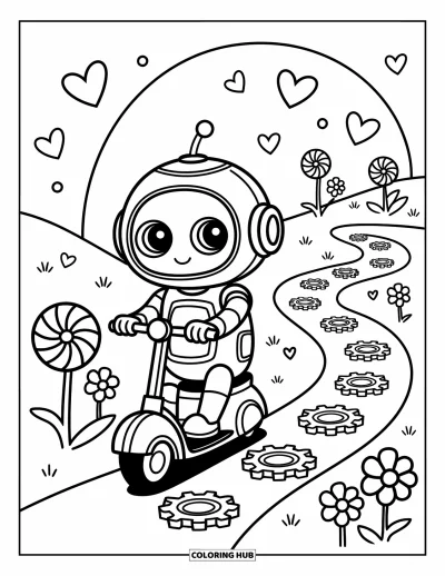 Dibujo de robots para colorear para adultos: Un robot alegre va en una motoneta pequeña bajo corazones flotantes y espirales de caramelo