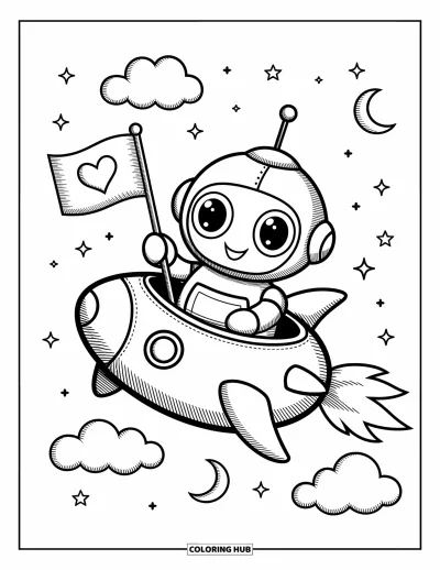 Dibujo de robots para colorear para adultos: Un robot alegre se sienta dentro de un cohete con lunas flotantes y formas juguetonas