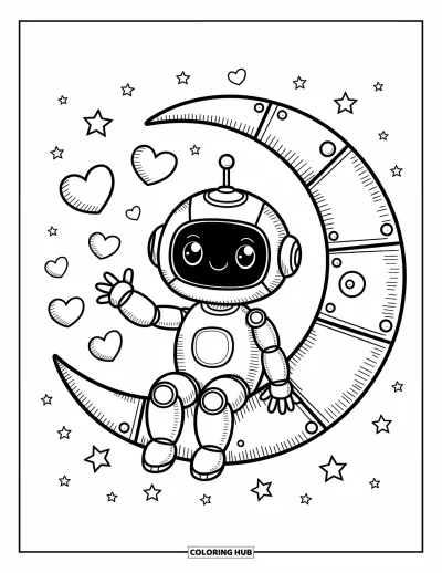 Dibujo de robots para colorear para adultos: Un robot alegre se sienta sobre una luna creciente con corazones y estrellas flotando cerca