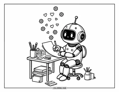 Dibujo de robots para colorear para adultos: Un robot alegre escribe una carta rodeado de corazones, gadgets y detalles acogedores