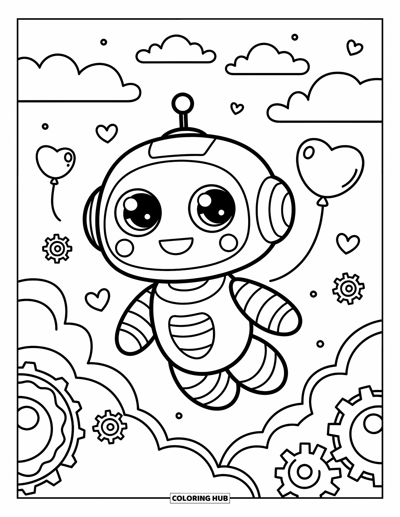 Kolorowanka z robotem dla dorosłych: Robot chibi unosi się przez chmury z balonami w kształcie serc i maleńkimi zębatkami