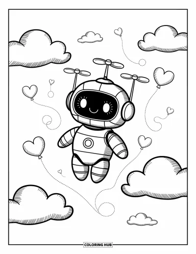 Dibujo de robots para colorear para adultos: Un robot chibi flota con globos de corazón, engranajes y nubes suaves alrededor