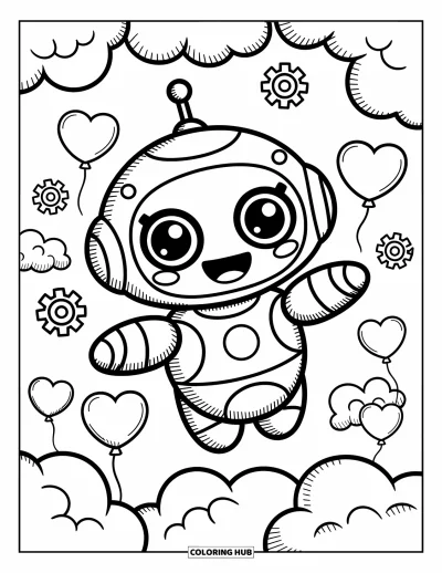 Dibujo de robots para colorear para adultos: Un robot chibi con sonrisa alegre vuela entre nubes, engranajes y globos de corazón