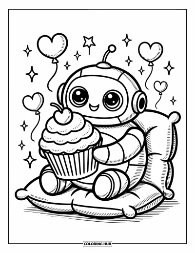 Dibujo de robots para colorear para adultos: Un robot regordete se sienta en un cojín sosteniendo un cupcake gigante con una cereza en forma de corazón