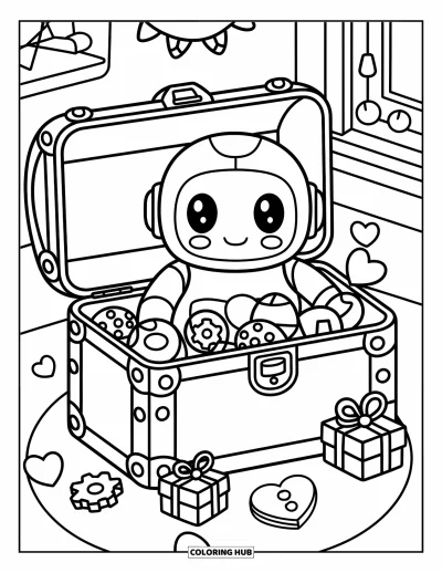 Dibujo de robots para colorear para adultos: Un robot curioso se asoma de un cofre de juguetes lleno de adornos tiernos y regalos