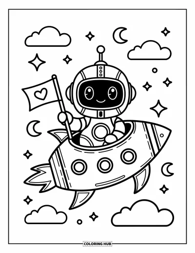 Dibujo de robots para colorear para adultos: Un robot tierno en un cohete sostiene una bandera de corazón con nubes y lunas crecientes alrededor