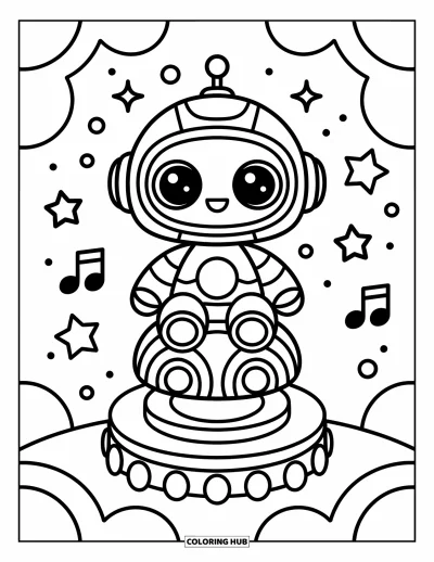 Dibujo de robots para colorear para adultos: Un robot tierno monta un carrusel de engranaje rodeado de estrellas y notas flotantes
