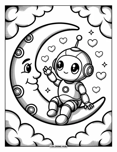Dibujo de robots para colorear para adultos: Un robot tierno se sienta en una luna creciente, alcanzando burbujas de corazón y estrellas