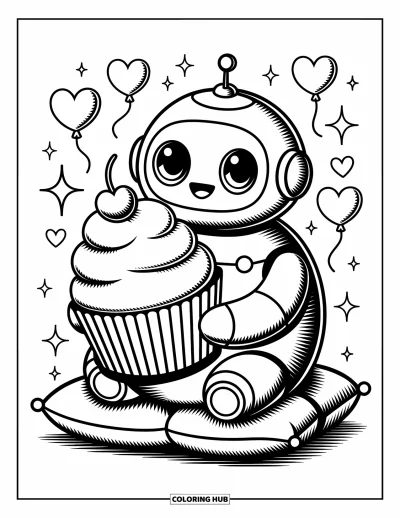 Dibujo de robots para colorear para adultos: Un robot tierno de ojos grandes sostiene un cupcake gigante rodeado de corazones y estrellas