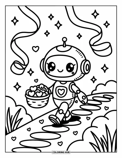 Dibujo de robots para colorear para adultos: Un robot tierno con frutas de corazón camina por un sendero con brillos y cintas
