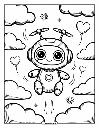 Dibujo de robots para colorear para adultos: Un robot tierno con hélices flota entre nubes con globos de corazón y engranajes