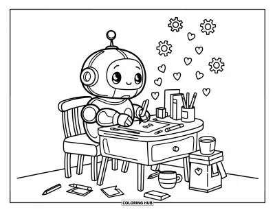 Dibujo de robots para colorear para adultos: Un robot tierno escribe una carta en un escritorio diminuto con corazones flotantes juguetones