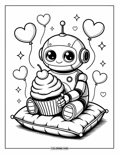 Dibujo de robots para colorear para adultos: Un robot feliz sobre un cojín sostiene un cupcake con globos de corazón flotando alrededor