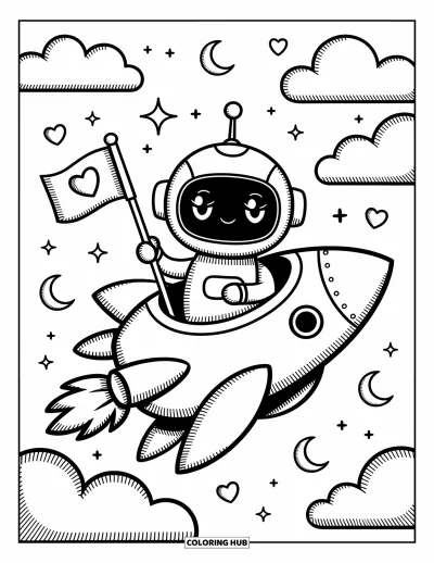 Dibujo de robots para colorear para adultos: Un robot feliz está sentado en un cohete con corazones, nubes y formas geométricas