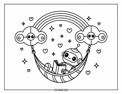 Dibujo de robots para colorear para adultos: Un robot kawaii descansa en una hamaca entre nubes mecánicas con brillos y corazones