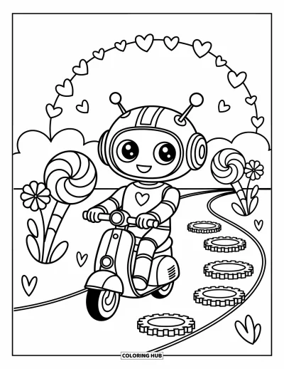 Dibujo de robots para colorear para adultos: Un robot kawaii va en motoneta por un camino sinuoso con flores y piedras de engranaje