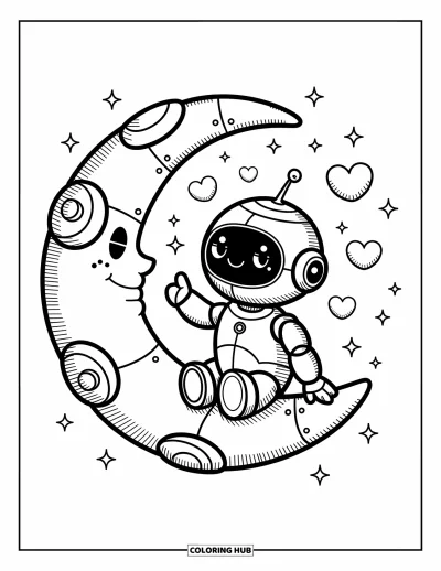 Dibujo de robots para colorear para adultos: Un robot kawaii se sienta sobre una luna creciente rodeado de estrellas y burbujas de corazón