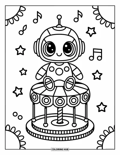 Dibujo de robots para colorear para adultos: Un robot kawaii se sienta en un carrusel de engranaje con estrellas y notas musicales alrededor