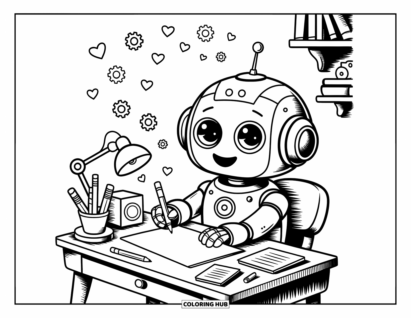 Kolorowanka z robotem dla dorosłych: Robot kawaii pisze list przy maleńkim biurku z unoszącymi się sercami i zębatkami