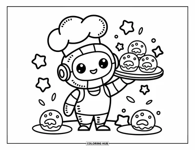 Dibujo de robots para colorear para adultos: Un pequeño robot panadero con gorro de chef sostiene una bandeja de pasteles de estrella y robot