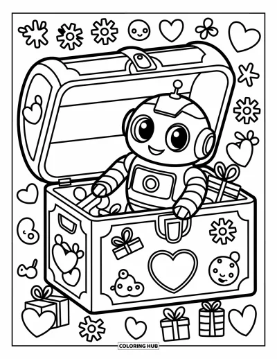 Dibujo de robots para colorear para adultos: Un robot pequeño se asoma de un cofre del tesoro rebosante de objetos kawaii divertidos