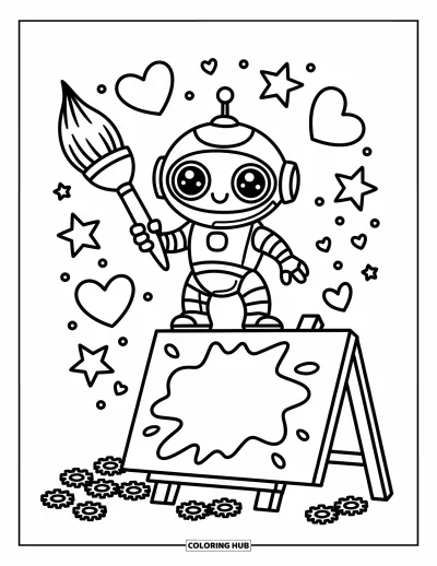 Dibujo de robots para colorear para adultos: Un robot pequeño está sobre un lienzo gigante pintando estrellas y corazones de forma juguetona