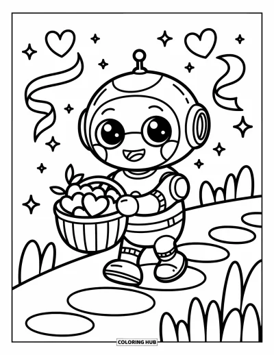 Dibujo de robots para colorear para adultos: Un pequeño robot de ojos grandes sostiene una canasta de frutas de corazón en un sendero de piedra
