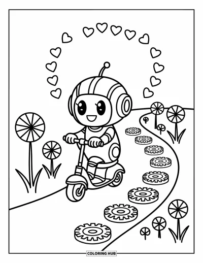 Dibujo de robots para colorear para adultos: Un robot juguetón va en motoneta por un camino sinuoso con espirales de caramelo y flores