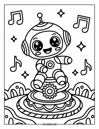 Dibujo de robots para colorear para adultos: Un robot juguetón monta un pequeño carrusel con forma de engranaje y notas musicales