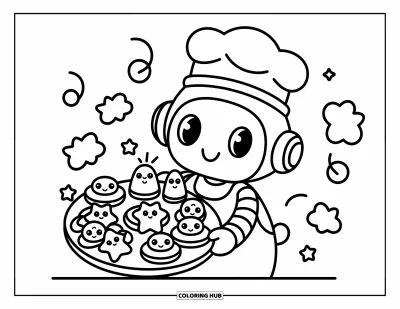 Dibujo de robots para colorear para adultos: Un robot panadero con gorro de chef lleva pasteles con forma de estrella y robot