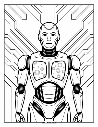 Dibujo de robots para colorear para adultos: Un robot está de pie con paneles del pecho abiertos que revelan engranajes y diseños en espiral