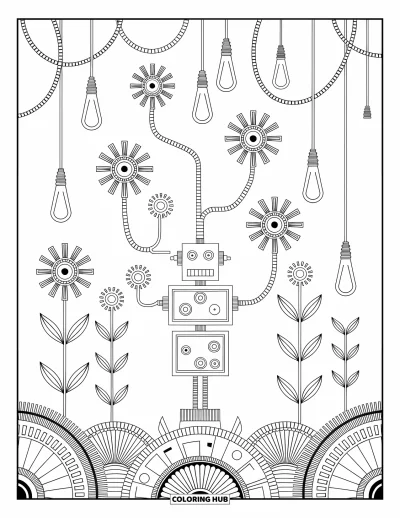 Dibujo de robots para colorear para adultos: Un árbol robot con ramas de cable, flores de engranaje y frutos de bombilla colgantes