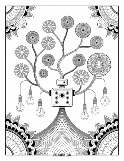 Dibujo de robots para colorear para adultos: Un árbol robot con flores de engranaje y bombillas, enmarcado por patrones intrincados