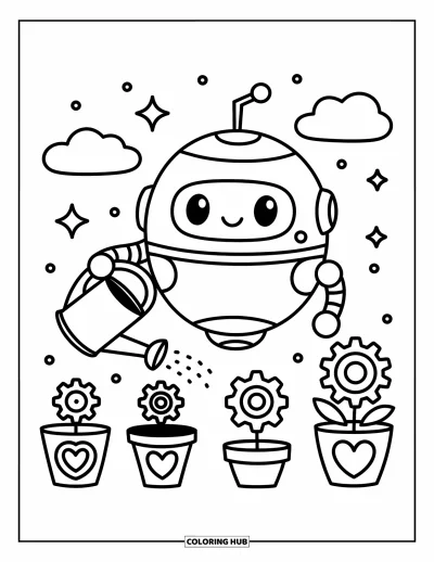 Dibujo de robots para colorear para adultos: Un robot redondo riega plantas de corazón y engranaje con nubes y estrellas cerca