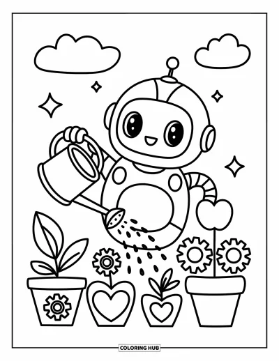 Dibujo de robots para colorear para adultos: Un robot redondo riega plantas con forma de corazón y engranaje con estrellas y nubes cerca