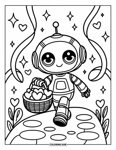 Dibujo de robots para colorear para adultos: Un robot pequeño lleva una canasta de frutas en forma de corazón por un sendero de piedra