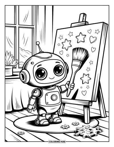Dibujo de robots para colorear para adultos: Un robot pequeño sostiene un gran pincel, pintando estrellas y corazones con engranajes a sus pies