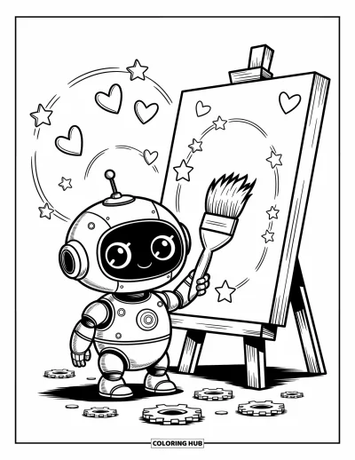 Dibujo de robots para colorear para adultos: Un robot pequeño sostiene un pincel gigante pintando estrellas y corazones en un gran lienzo