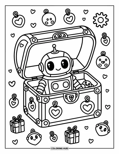 Dibujo de robots para colorear para adultos: Un robot pequeño se asoma de un cofre del tesoro lleno de adornos adorables