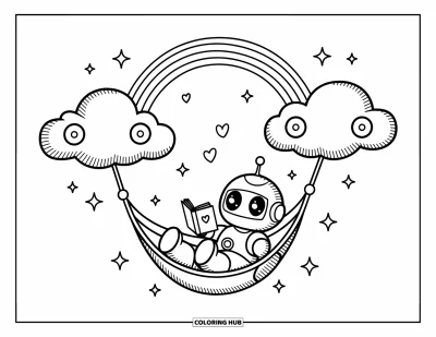 Dibujo de robots para colorear para adultos: Un robot pequeño descansa en una hamaca, rodeado de corazones, brillos y un arcoíris