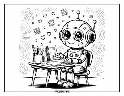 Dibujo de robots para colorear para adultos: Un robot sonriente en un escritorio pequeño con corazones y engranajes elevándose