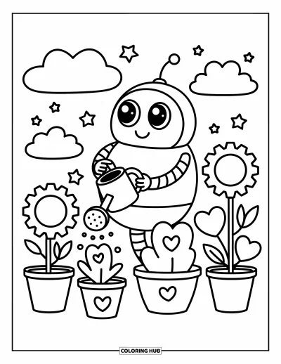 Dibujo de robots para colorear para adultos: Un robot redondo y sonriente riega con suavidad macetas con forma de engranaje y corazón