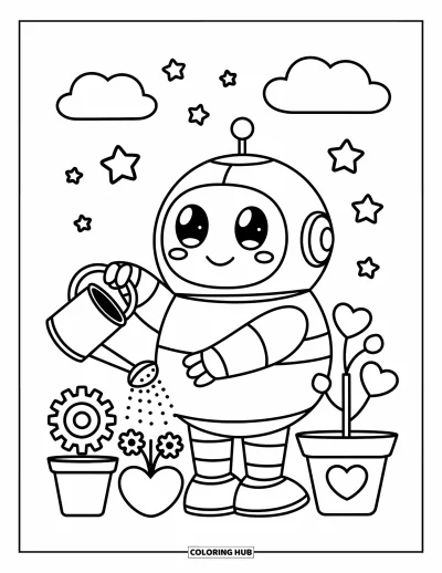 Dibujo de robots para colorear para adultos: Un robot redondo y sonriente riega macetas con forma de corazón y engranaje