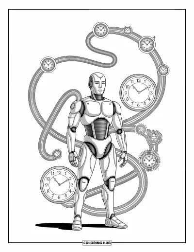Dibujo de robots para colorear para adultos: Un robot steampunk enmarcado por enredaderas mecánicas y esferas de reloj intrincadas