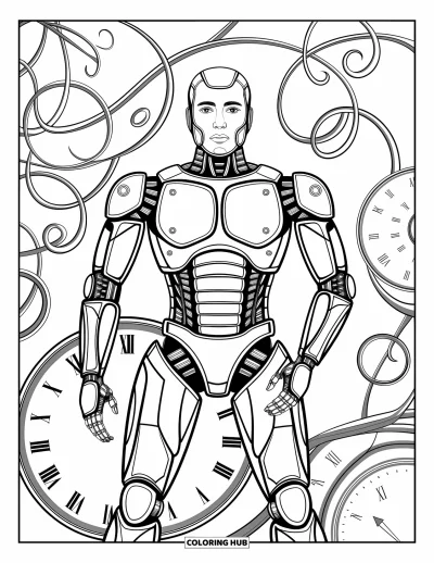 Dibujo de robots para colorear para adultos: Un robot steampunk rodeado de enredaderas mecánicas en espiral y esferas de reloj